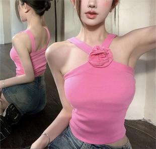 Pink Flower Camisole Women's Summer Sweet Spice Girl Off-shoulder Sexy Inner Short Base Shirt All-match Top