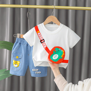 Бесплатная доставка Yikids Мальчики Лето Новое поступление милые мальчики мультфильм животных ранец с коротким рукавом джинсовые шорты костюм