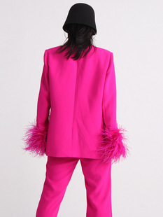 2024 new European and American elegant top neckline Diamond-embedded design cuff stitching ostrich feather long sleeve suit spring