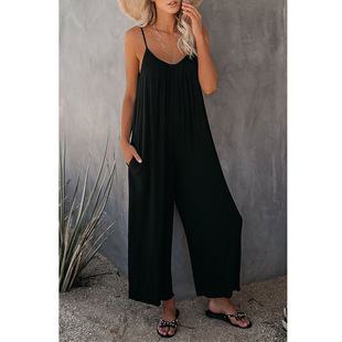 Amazon European and American 2023 Summer New Women's Trousers Cross-border Solid Color Slots Loose Casual Suspender Jumpsuit