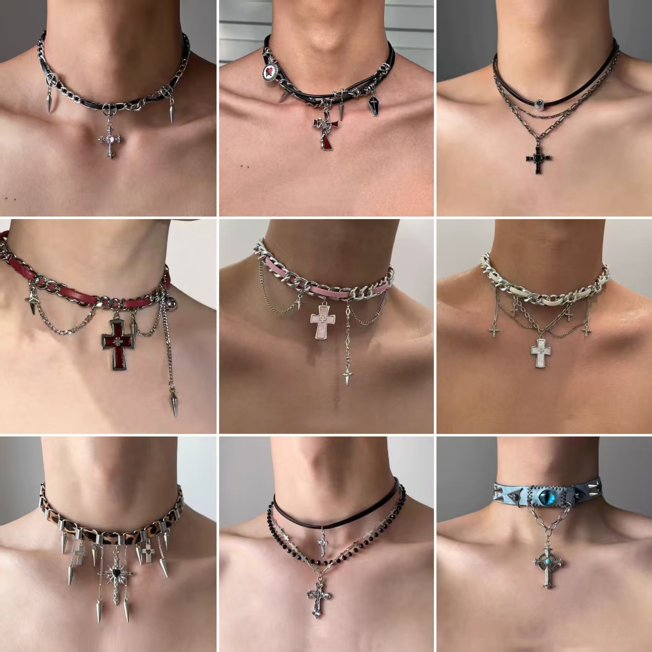 Dark Punk Style Leather Cross Necklace for Men and Women, Unique Niche Design, Clavicle Chain, Trendy Accessory