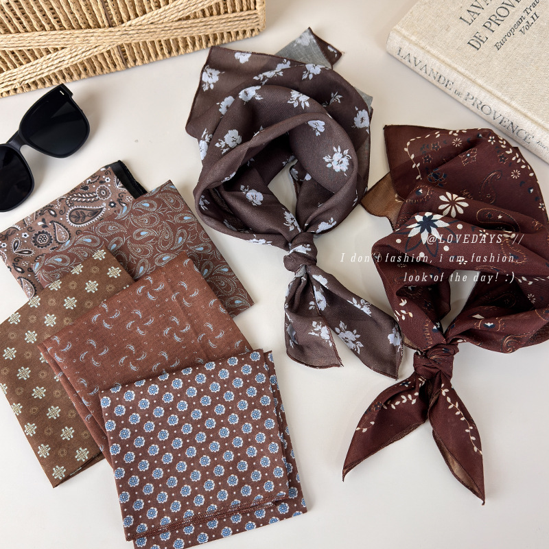 Melard brown floral small square scarf, retro cashew flower silk scarf, for styling, decoration, hair tie, headscarf, creating a stylish look