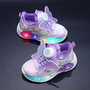 Girls' Shoes Spring and Autumn Princess Style Butterfly Stereo Rotating Buckle Girls' LED Light Soft Sole Lamp Shoes for 1-6 Years