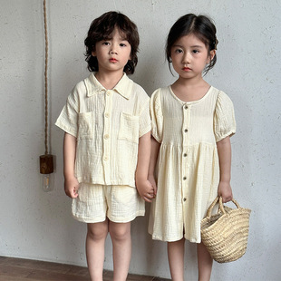 Children's Summer suit Boys' Shirt 2025 New Baby Cotton Western Style Girls' dress Sisters and Sisters