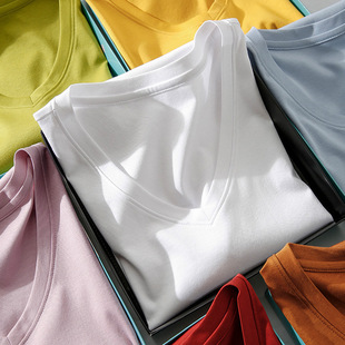 2023 Summer new mulberry silk mercerized cotton short sleeve Women's 80V collar solid color loose slim bottoming T-shirt women's clothing