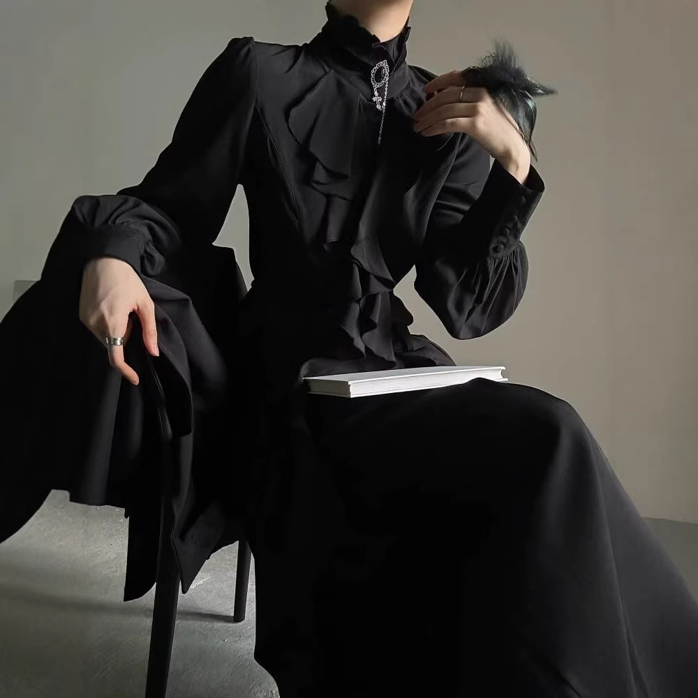 French-Style Vintage Court-Style Heavy-Duty Ruffled Shirt for Men, High-End Chiffon Design, Elegant Stand-Up Collar Shirt