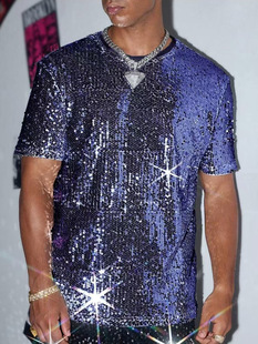 Cross-border Summer New Sequin Short-sleeved T-shirt Men's European and American Performance Dress Shining Singer Dress