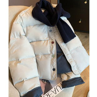 Contrast Color Buckle Crewneck Down Cotton Women's 2024 Winter New Gentle All-match Warm Thickened White Duck Down Short Coat