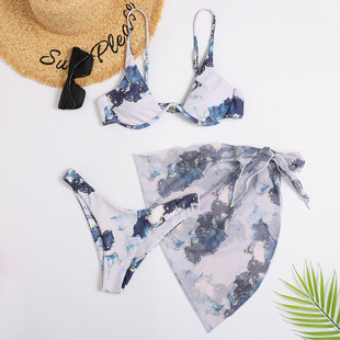 2024 Foreign Trade New European and American Foreign Trade Printed Sexy Bikini Three-piece Swimsuit Amazon Split Swimsuit Women