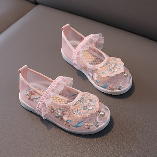 Summer New Style Breathable Soft Sole Mesh Cloth Shoes Girls Hanfu Shoes Children's Embroidered Shoes Dance Shoes Lightweight Hanfu Shoes