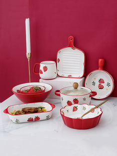 Strawberry Ceramic Noodle Bowl Cute Japanese Style Hat Soup Bowl with Handle Baking Plate Double-ear Anti-scalding Microwave Oven Bowl
