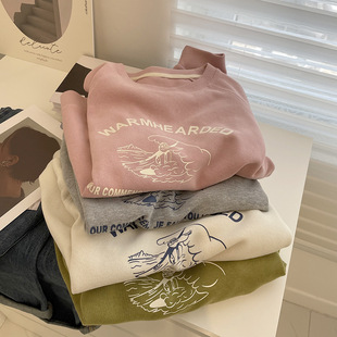 Letter Printing Crewneck Pullover Sweater 2023 Spring Loose Slimming Raglan Casual Top Student Coat Women