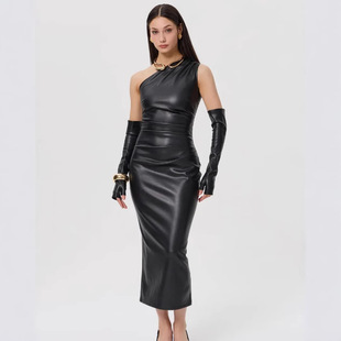 Asymmetrical Leather Dress Cross-Border European and American Fashion Amazon Tight-Fitting Bust-Wrapping Ruched Sexy Bodycon Slit Dress