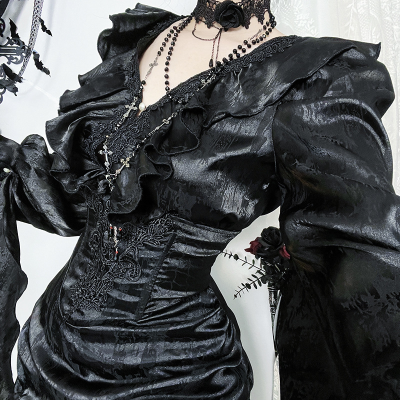 Cf25248 Dark V Neck Ruffled Long-Sleeved Top 2025 Autum New Gothic Style Retro Sexy Shirt