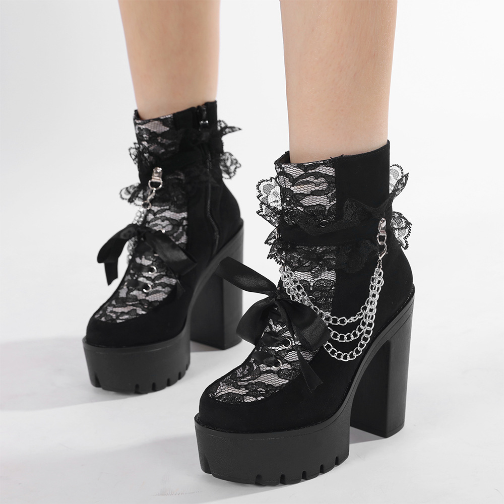 Retro Lace High Heel Short Boots Women's Thick Heel High Heel Nude Boots Black White Stitching Side Zipper Goth Style Women's Shoes