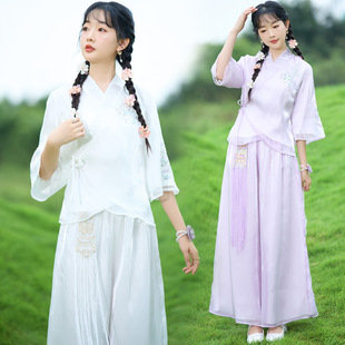 New Chinese style improved Hanfu top dance wide leg pants Chinese style cheongsam two-piece set