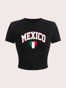 Cross-border Amazon Design Crewneck Mexican Print Slim T-shirt Europe and America Pure Desire Hot Girls Y2K