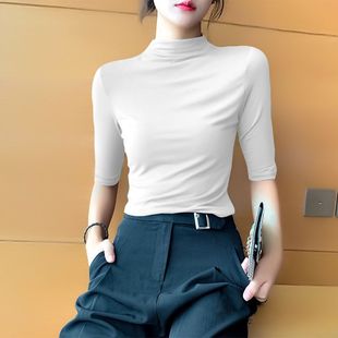 plus size Half-High Collar Mid-Sleeve T-Shirt Women's Spring and Summer Thin Slim-Fit Stretch Inner Seven-Sleeve Base-Layer Shirt Top