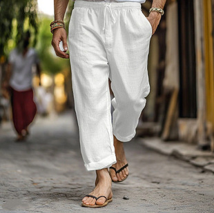 New cross-border men's pants trousers summer pants cotton pants drawstring elastic waist straight solid color comfortable breathable