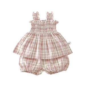 Baby Clothes Summer Western-style Plaid Two-piece Sweet Sleeveless Top Baby's Summer Super Cute Pant Set