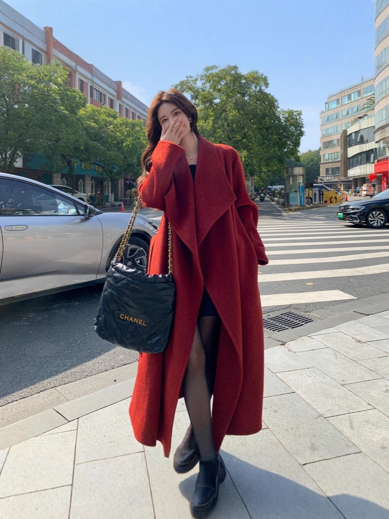 In Stock 6816 New Plus-Size Women's Clothing Burgundy Woolen Coat Slimming Long Woolen Jacket for Chubby Girls
