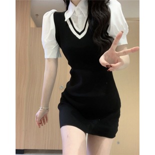 ins Exterior Mesh Style Fake Two-piece Shirt Dress Women's Summer New Comfortable Tight Waist Slim-fit Hip Skirt Trend