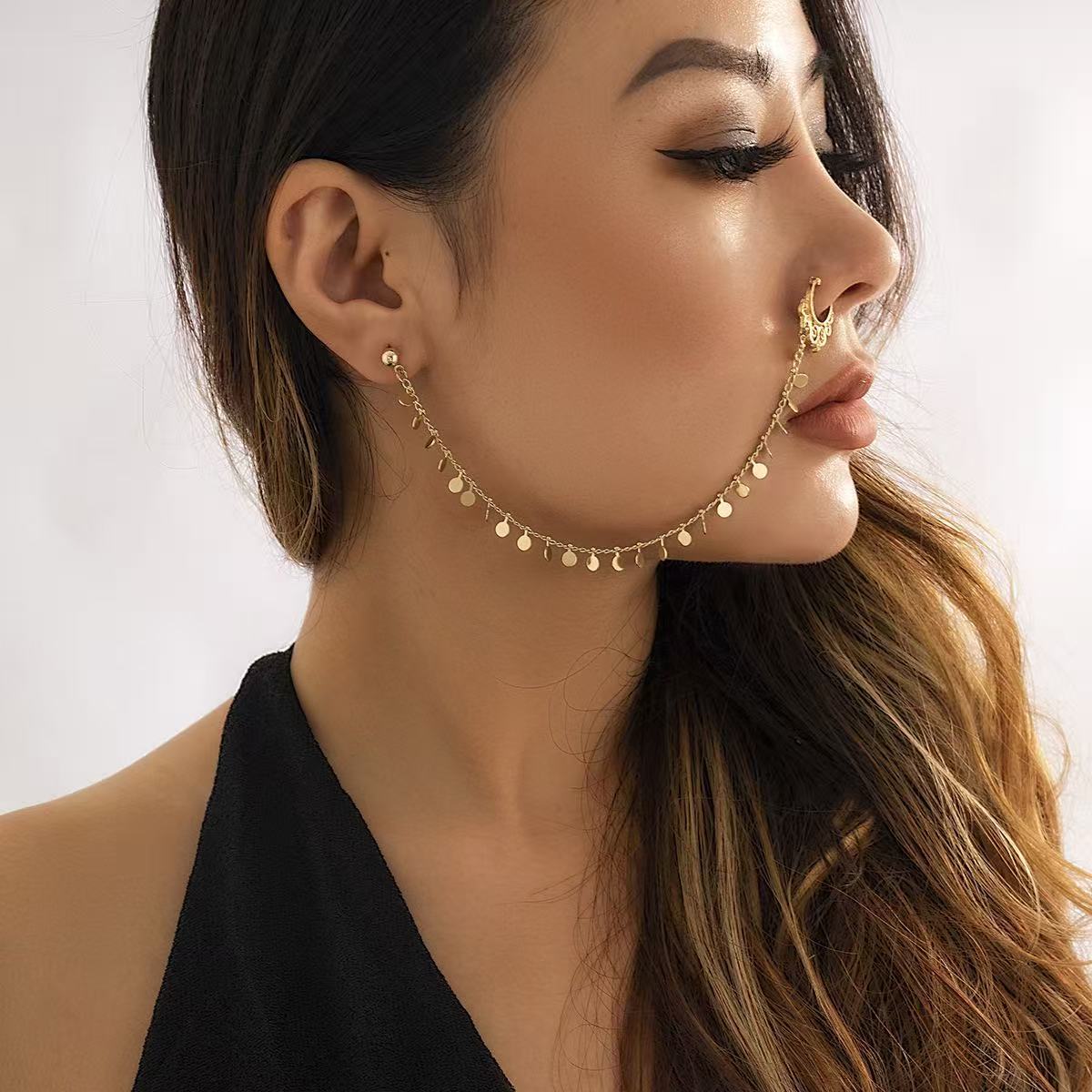 European and American Cross-Border Jewelry Ethnic Style Star and Moon Tassel Punch-Free Nose Stud Nose Jewelry Sweet Cool Stud Piercing Nose Ring