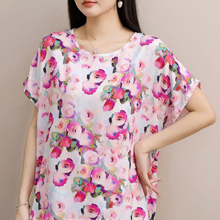 1688 plus size Clothes Women's Summer Clothes Printed Casual Half-sleeved T-shirt Women's Loose Cotton Silk Top Short-sleeved T-shirt Women's Summer