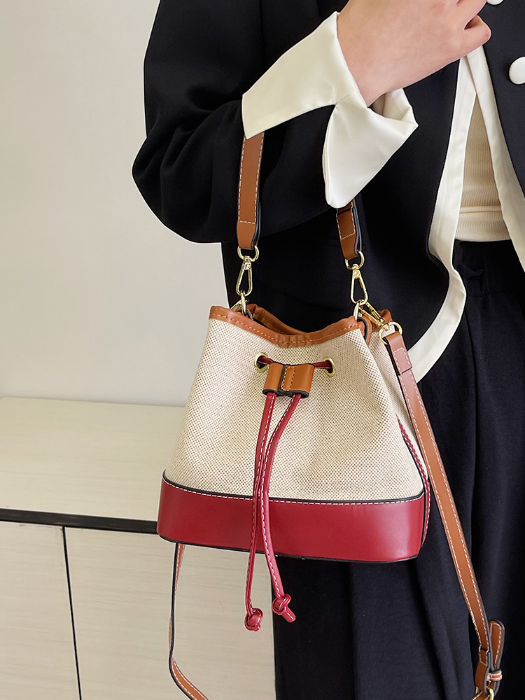 Cross-Border Foreign Trade Wholesale Canvas Bucket Bag 2023 Korean Version Color-Blocking Handbag Trendy Texture Single Shoulder Crossbody Bag Versatile