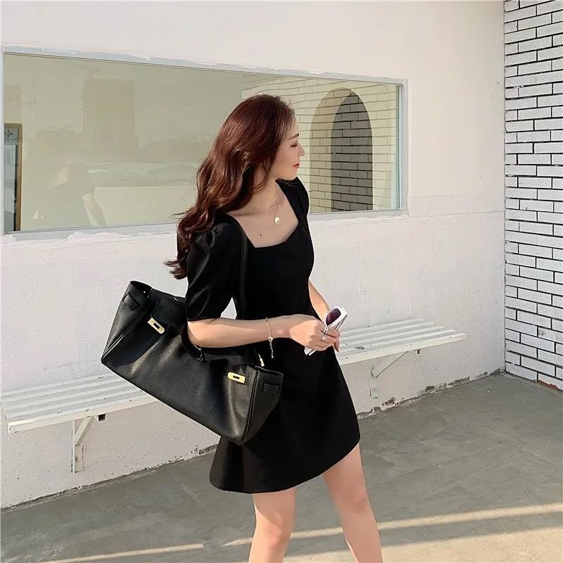 여성을위한 여름 새로운 스퀘어 칼라 타이트 허리 슬리밍 원피스 프랑스 스타일 퍼프 슬리브 꽃 짧은 치마