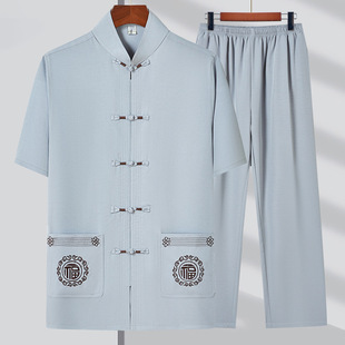 Summer New 2024 Middle-aged Tang Suit Men's Short-sleeved Loose Thin Breathable Embroidered Solid Color Men's Hanfu suit