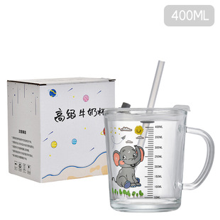 Wholesale cartoon children's milk cup with scale household breakfast cup printing cup heat-resistant glass cup creative handle