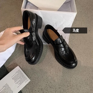 Cowhide Edition ~ Grape Mom Same Style Retro British Style Slip-on Shoes Thick Heel Loafers Women's Leather Shoes