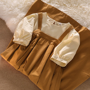 Vintage Suit Dress Women's Summer Design Sense Strap Dress Niche First Love Dress Bubble Short-sleeved Two-piece Suit