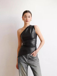 2024 European and American style women's clothing autumn Amazon new solid color sleeveless shoulder diagonal collar zipper T-shirt top women