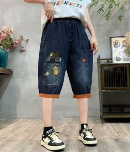 2025 summer new cartoon embroidery patch elastic waist washed jeans pants pants wholesale