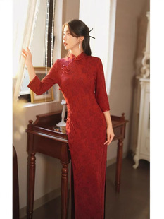 Autumn 2024 New Dark Pattern wine red Cheongsam Young New Chinese Style Chinese Style Elegant Long dress