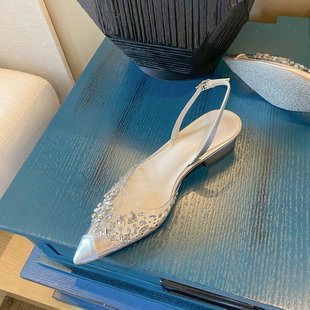 2024 Spring and Summer New Transparent Rhinestone Pointed Low Heeled Sandals Fairy Style Small Crowdsourcing Head Rhinestone Flat Shoes for Women