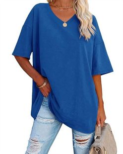 2024 Summer New Cross-border Foreign Trade V-neck Loose Short-sleeved T-shirt Women's Solid Color Shoulder Sleeve T-shirt for Women