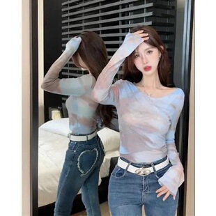 Women's Tie-dyed Shoulder Mesh Thin Long-sleeved Sunscreen Top