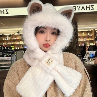 Winter Women's Scarf One-piece fleece-lined Fluffy Hat Cartoon Fox Ears Warm Cold-proof Riding Scarf Ear Protection Hat