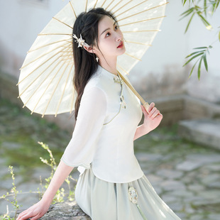 Chinese Style Hanfu Modified Dress Two-Piece Cotton and Linen Embroidered Chinese Tang Suit Top Skirt for Summer