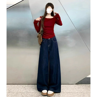 Small Vintage dark blue High Waist Wide Leg Jeans Women's Autumn Loose Slimming All-match Dumping Pants
