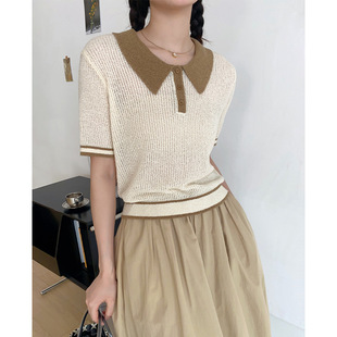 2023 Summer New Summer Colors Casual Age-reducing Slim-fit Short-sleeve Sweater College-style POLO Collar Woolen Top