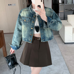 Real shot real price ~ Hong Kong style retro blue Denim coat women's spring hot girl short jacket cardigan long sleeve top
