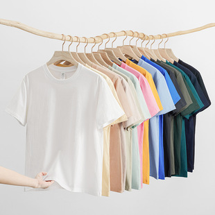 Summer solid color 230g heavy cotton bottoming shirt men's white casual Joker crew neck micro shoulder drop short sleeve T-shirt women