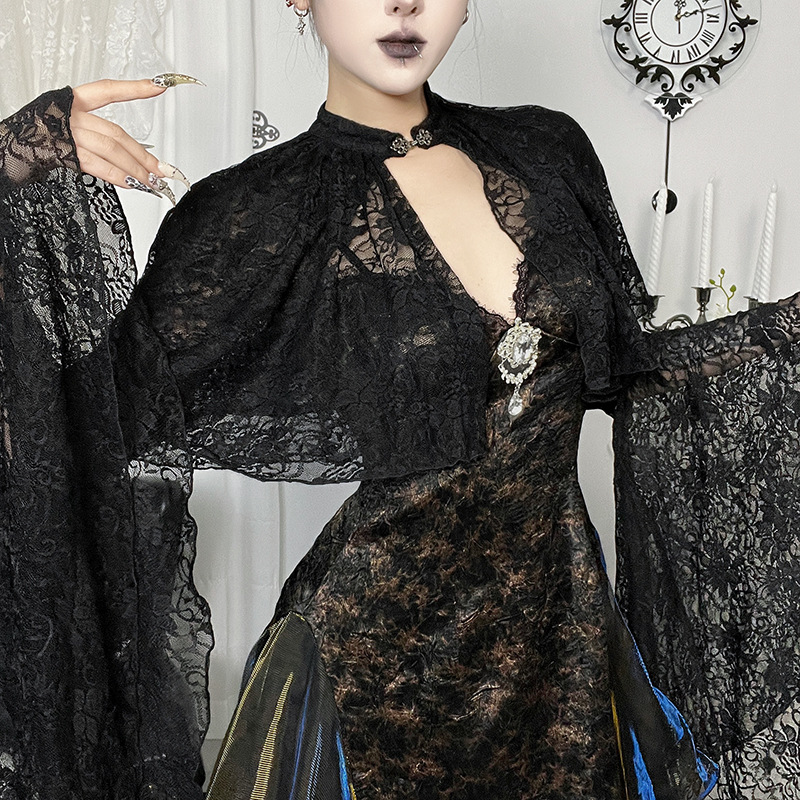 DX26446 Dark Gothic Lace Shoulder Cape High Collar Bell Sleeve Personalized Slim Fit Gothic Halloween Cover-Up
