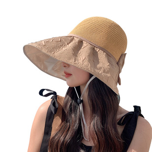 Korean Style New Women's Knitted Bow Cloth Along Black Pot Hat Outdoor Travel Fashion Peach Hat Sunshade Fisherman Hat