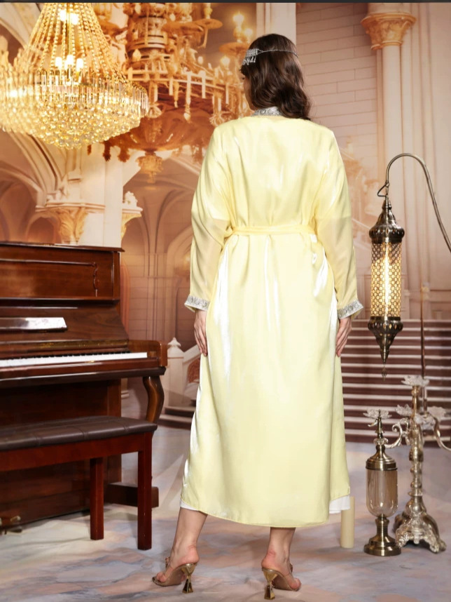 2026 New Style Light Yellow Sequin Embroidered Long Dress for Women, Summer Ethnic Style Vacation Dress, Early Summer Ethnic Style