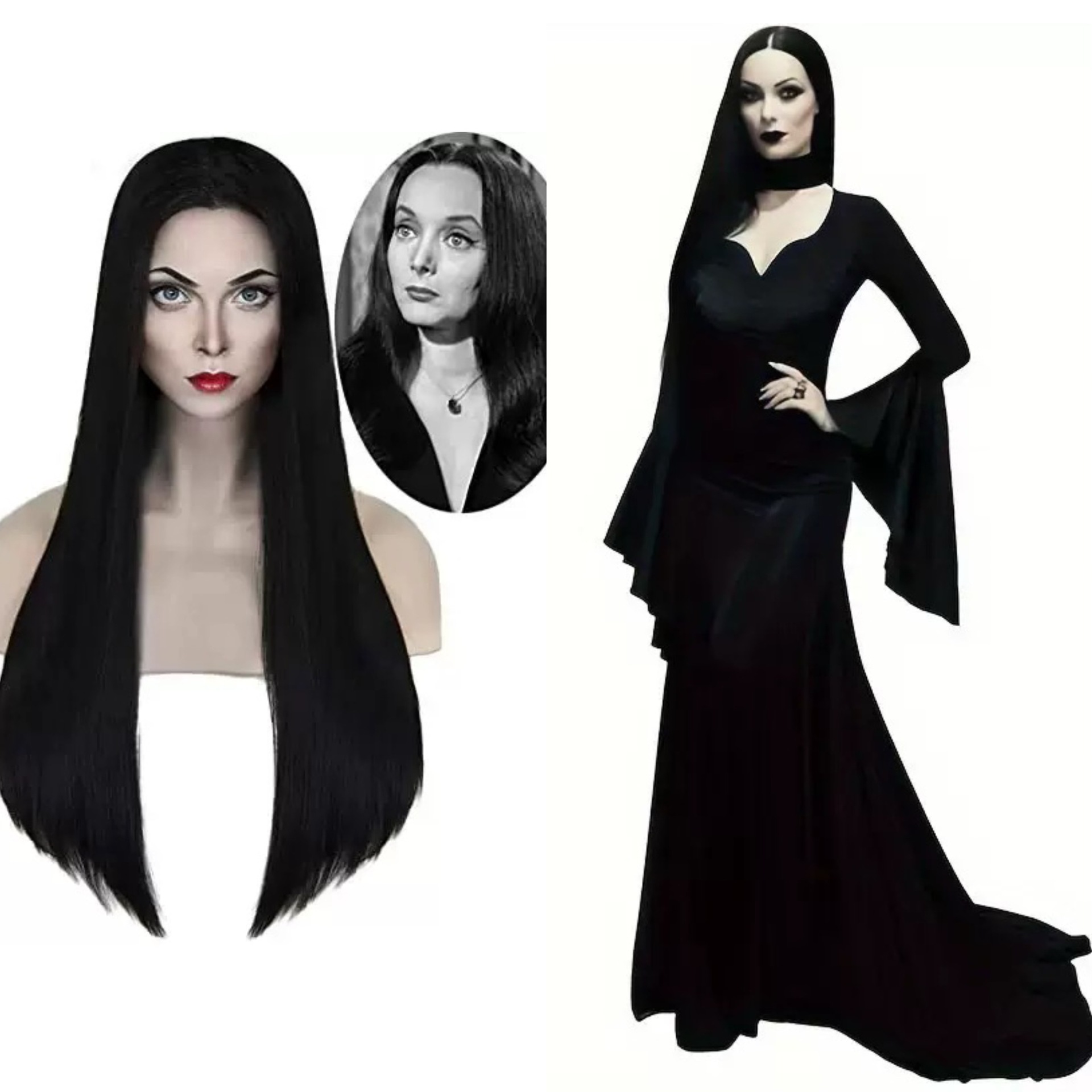 The Addams Family Mom Addams Black Medium Long Straight Hair Halloween Cos Wig Anime Wig